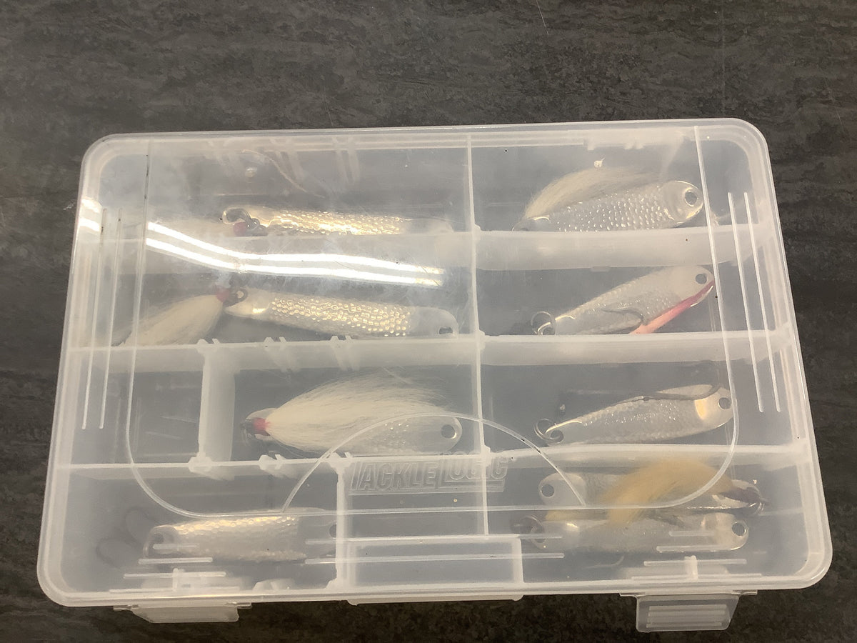 Used Hopkins Spoon Collection — 9 Hammered Jigging Spoons in Tackle Logic Box