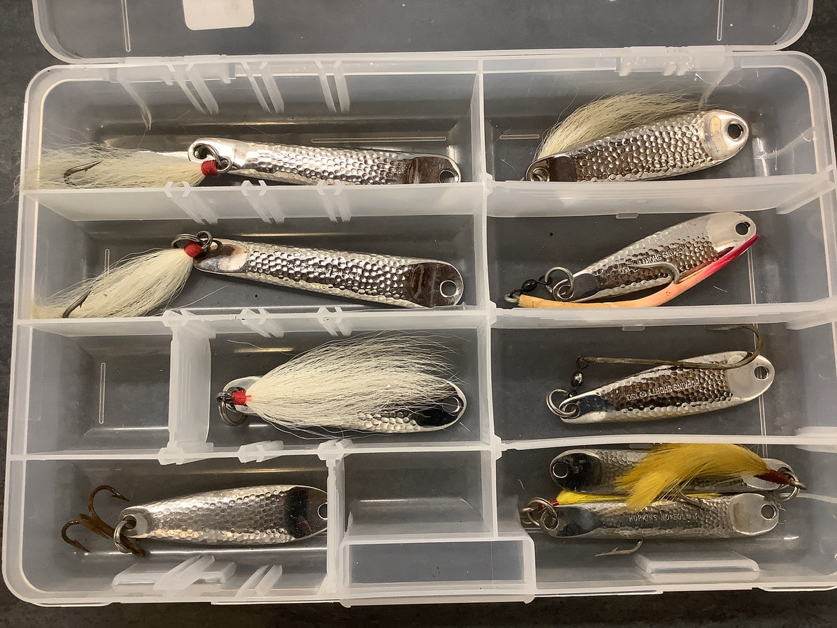 Used Hopkins Spoon Collection — 9 Hammered Jigging Spoons in Tackle Logic Box
